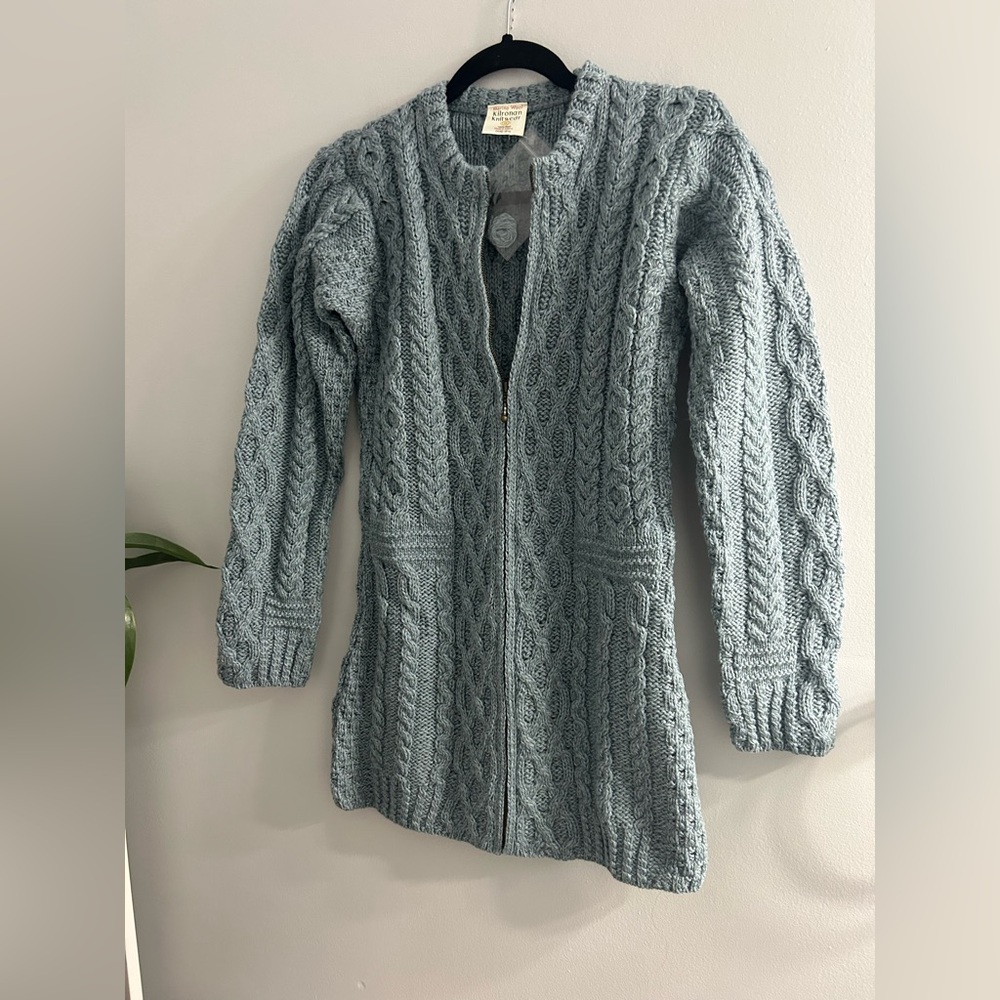 NWT Kilronan Knitwear Sweater blue zip up cardigan 100% merino wool handmade